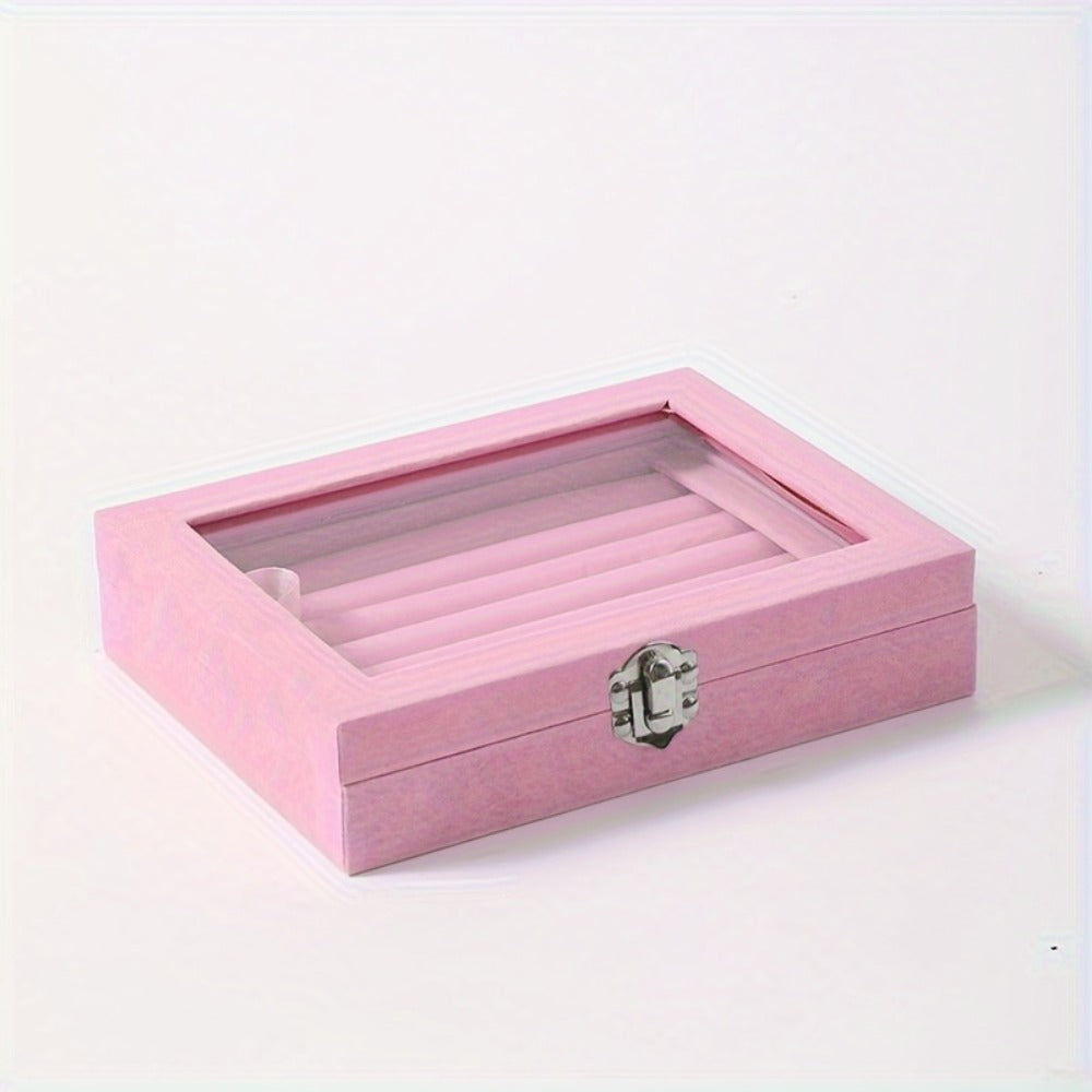 Jewelry Box with Locking Lid ¨C 49-Ring Capacity Glass-Like Plastic Ring & Earring Organizer, Large Rectangular Storage Case, Waterproof Anti-Tarnish, 4 Colors, Holiday Gift
