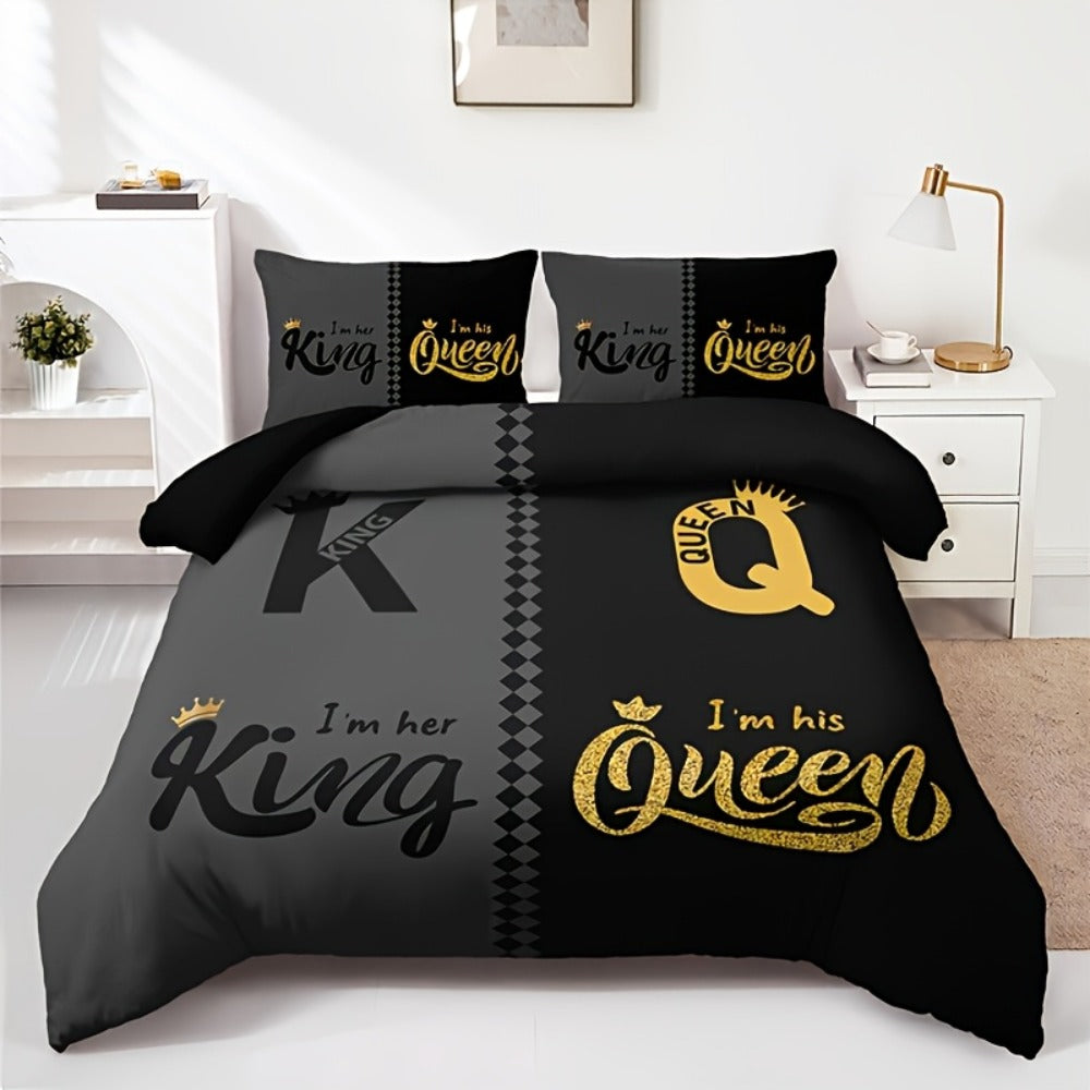 Duvet Cover Set 3pcs Soft Crown Print Bedding with 2 Pillowcases Twin Full Queen King All Seasons