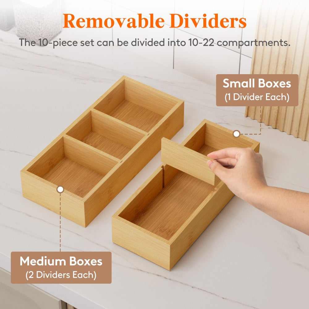 Bamboo Drawer Organizer 10 Pack, Adjustable Stackable Drawer Dividers Bins for Kitchen Utensils, Silverware, Makeup, Office Supplies, Bathroom Vanity & Junk Drawer
