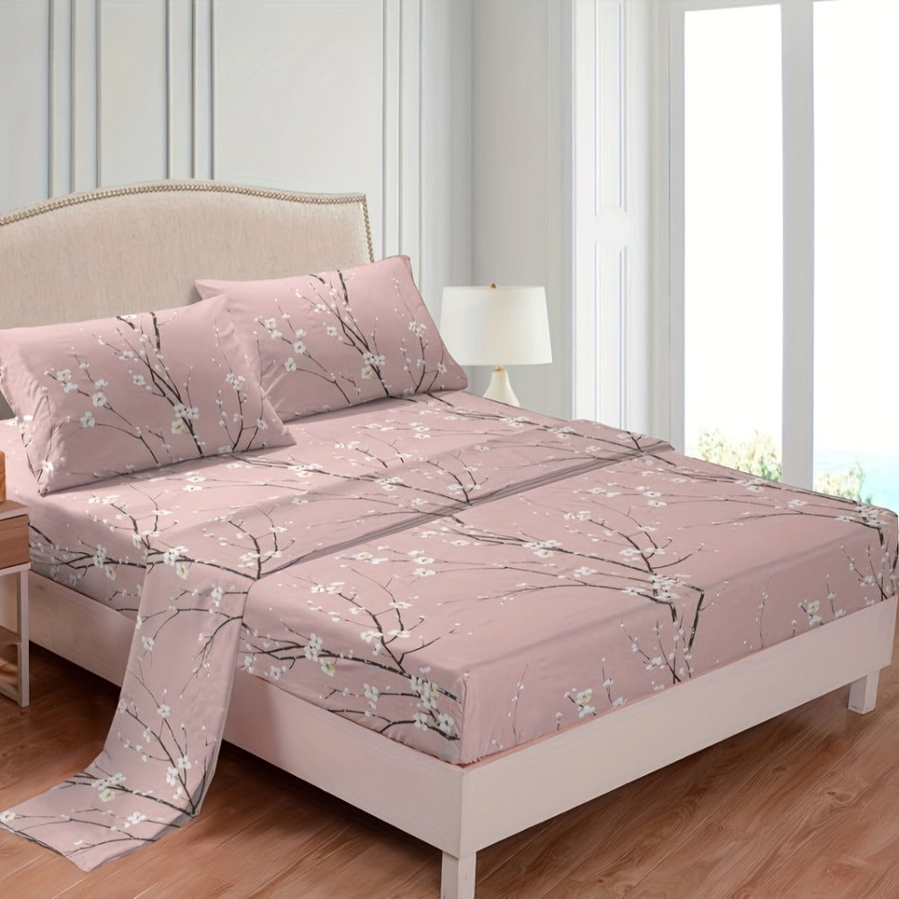 Fitted Sheet Set 4-Piece Plum Blossom Floral Print | Deep Pocket 15¡± Bed Sheets Twin Full Queen King | Soft Polyester Bedding Set with 2 Pillowcases, All-Season Machine Washable