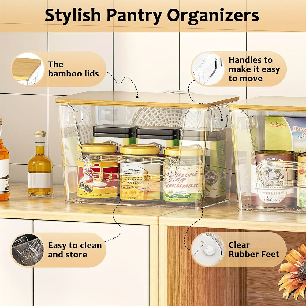 Clear Stackable Kitchen Pantry Organizer 2 Pack with Bamboo Top Durable PET Storage Bins for Onions Potatoes Fruits Vegetables Space Saving Ventilated Produce Organizer