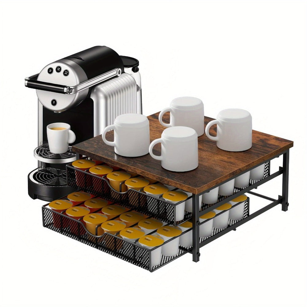 K-Cup Coffee Pod Holder 72 Capacity ¨C 2-Tier Sliding Drawer Coffee Pod Organizer with Wood Top & Metal Frame, Non-Slip Base, Stackable Countertop Storage for Home, Office & Cafe ¨C Silver
