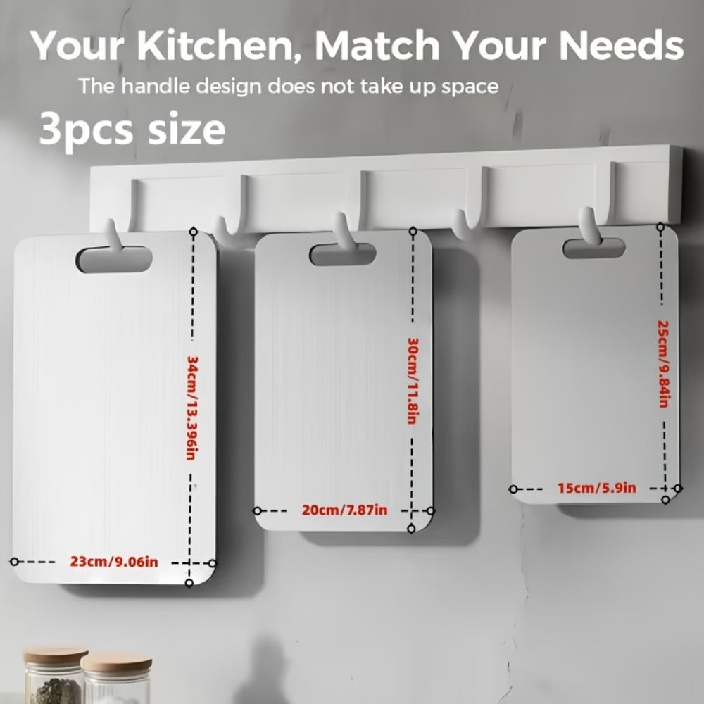 Titanium Cutting Board Set 3-Piece Heavy Duty BPA-Free Kitchen Prep Boards | Rust-Resistant Hook Handles Rounded Edges Space-Saving Design | Durable Metal Boards for Meat Vegetables Fruits BBQ Gift