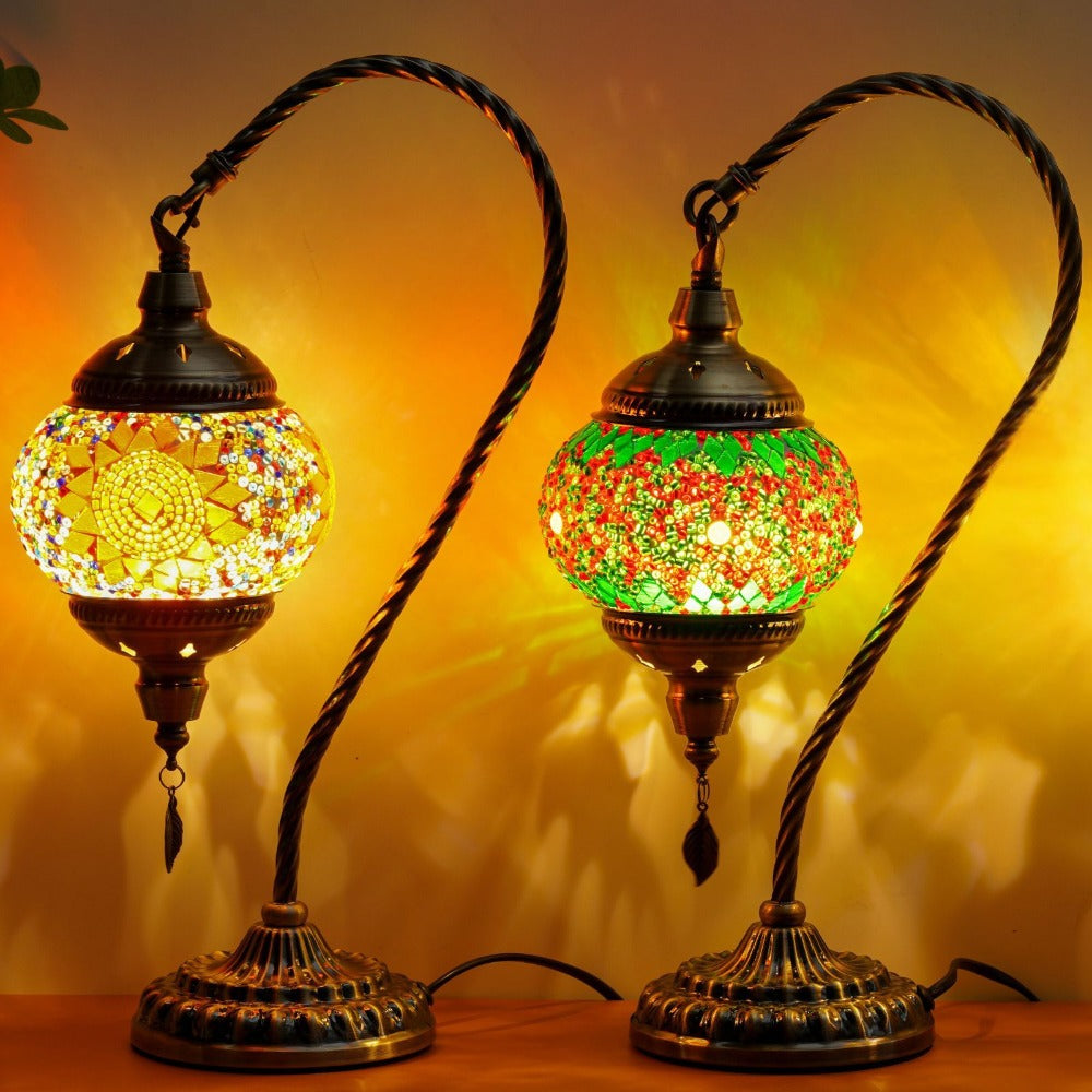 Mosaic Table Lamp Turkish Moroccan Style Handmade Swan Neck Glass Bedside Lamp 3 Color Modes LED Bulb Included Metal Base for Bedroom Living Room