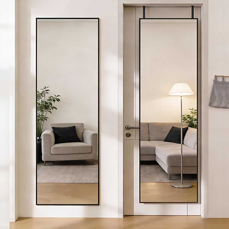 Full Length Mirror 47x14 ¨C Over the Door or Wall Mounted Hanging Mirror, Aluminum Alloy Frame, Full Body Dressing Mirror for Bedroom, Living Room & Entryway, Arched & Rectangular, Black & Gold