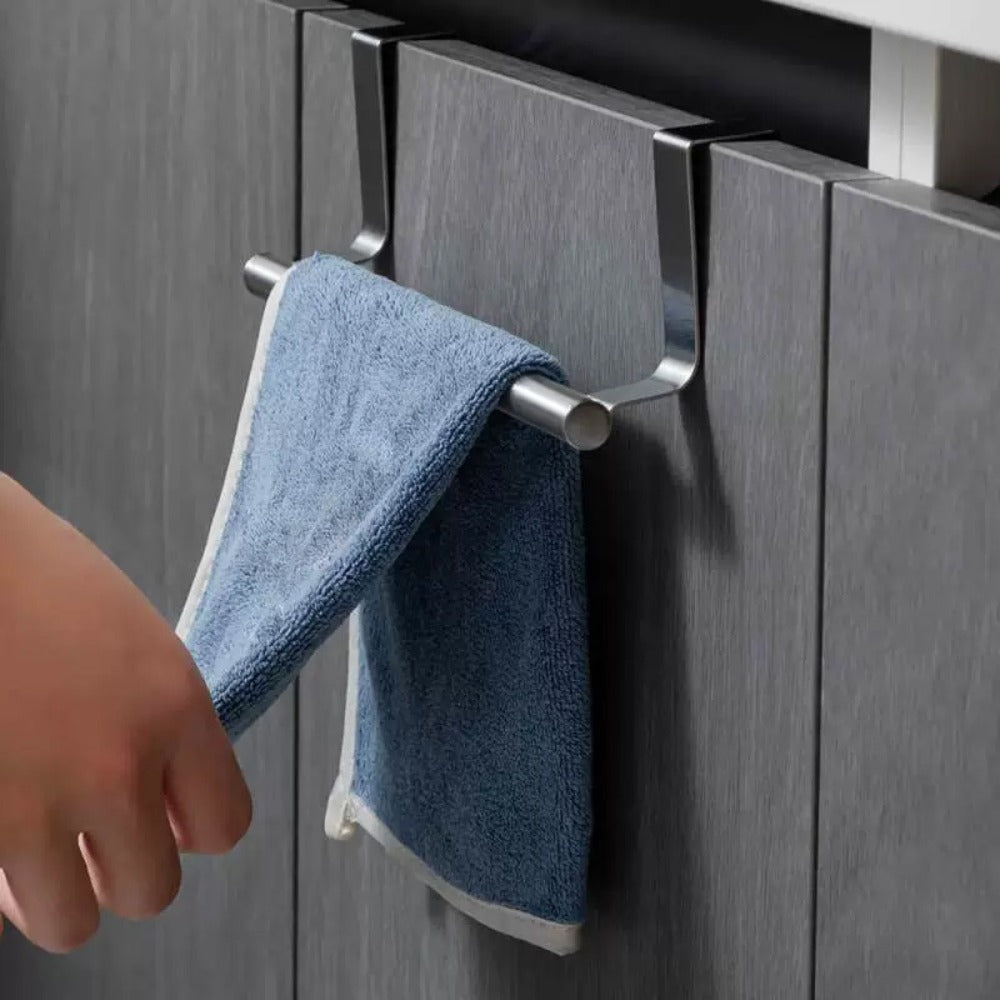 Cabinet Door Towel Bar Stainless Steel 2pcs Set - Over the Door Hand Towel Hanger Rack No Drilling | Black Silver | Kitchen Bathroom Cupboard Dishcloth Organizer Bathroom Accessories