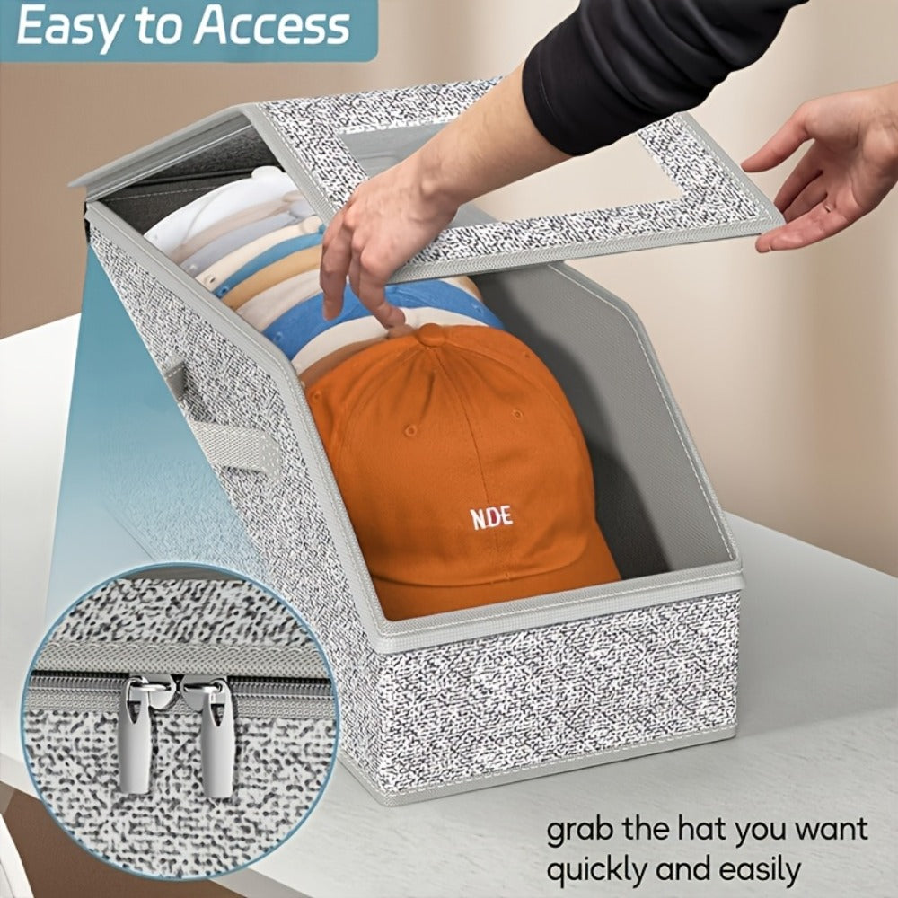 Baseball Cap Storage Box 2 Pack ¨C Foldable Stackable Zippered Hat Organizer, Large Capacity Dustproof Closet Storage for Caps, Hats & Clothes, Durable Fabric
