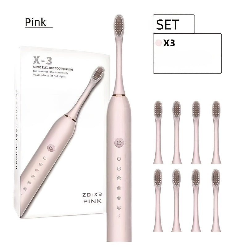 Electric Toothbrush Set with 8 Brush Heads - USB Rechargeable Adult Sonic Toothbrush, Soft Bristles, Portable for Travel & Home, Oral Care Gift for Men & Women - Pink / White / Black