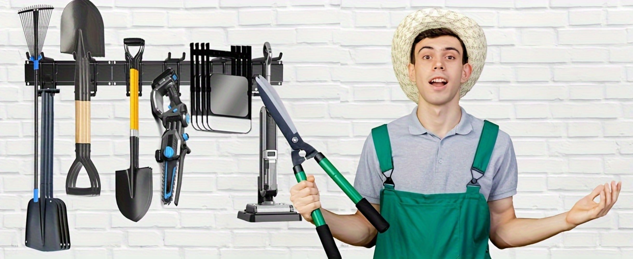 Garage Tool Organizer Wall Mount 48¡± ¨C Heavy Duty Pegboard with Adjustable Swivel Hooks, 1 Double Hook & 5 Straight Hooks, Holds 420lbs, Broom Holder for Yard Tools, Shovels, Hoses & Garden Equipment