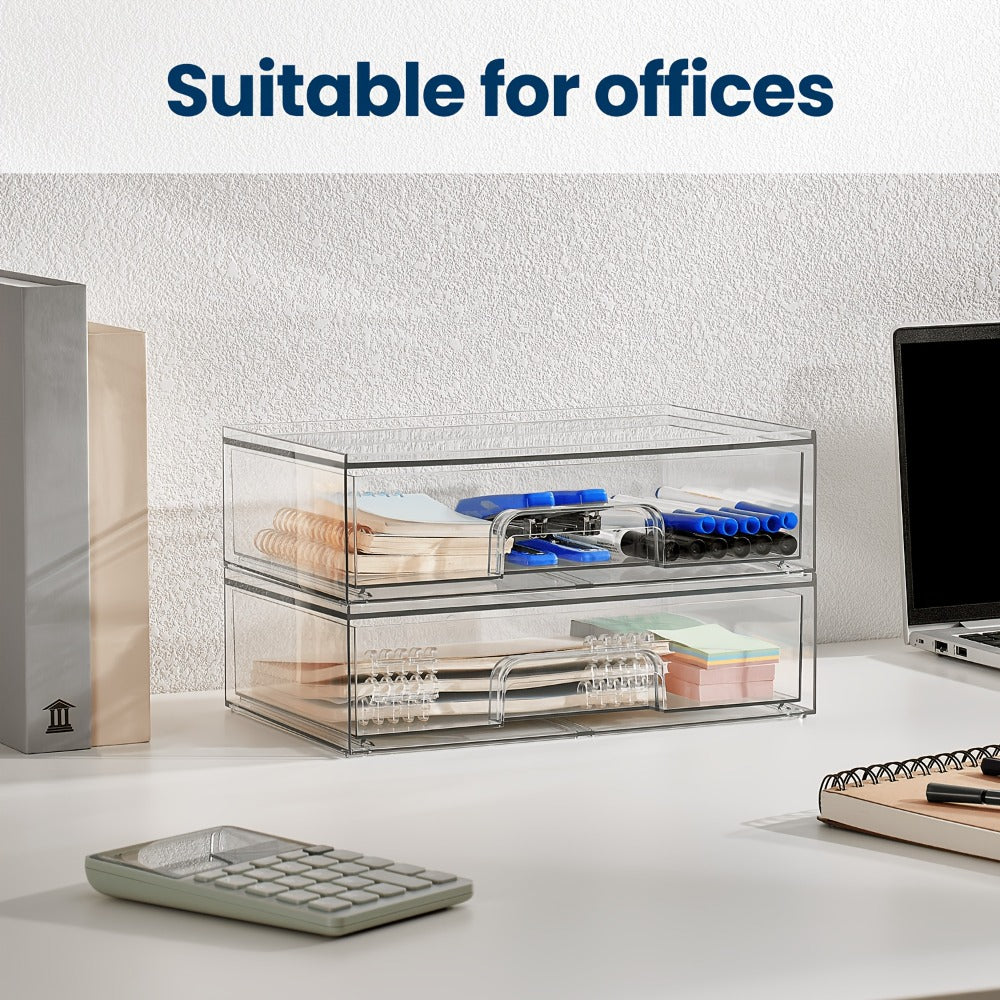 Clear Stackable Desk Drawer Organizer, Acrylic Plastic Storage Bins for Office Desk Organization, Transparent Drawer Divider Bins for Home, Studio & Vanity Table, 2 or 4 Pack Wide Organizer Trays