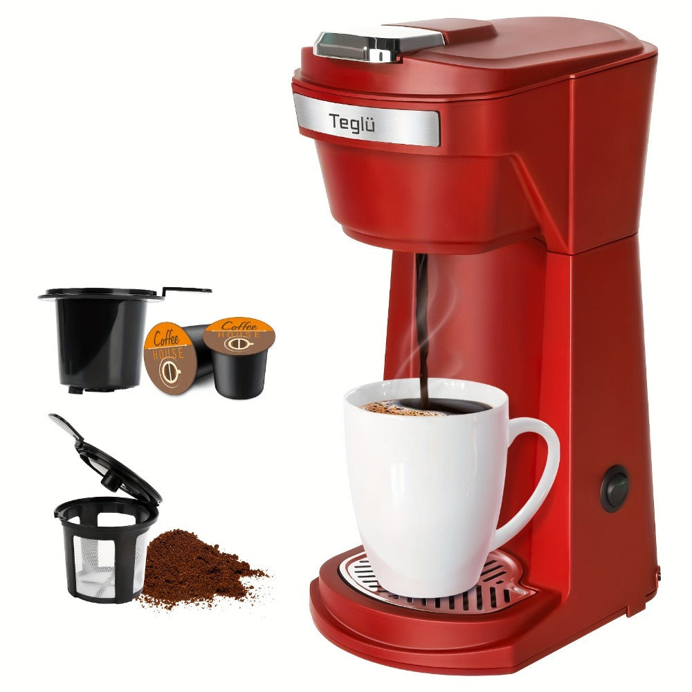 Single Serve Coffee Maker 2-in-1 for K-Cup Pods and Ground Coffee One-Button Operation 6-14oz Brew Sizes Auto Shut-Off Stainless Steel Drip Coffee Machine Blue Black Red Grey