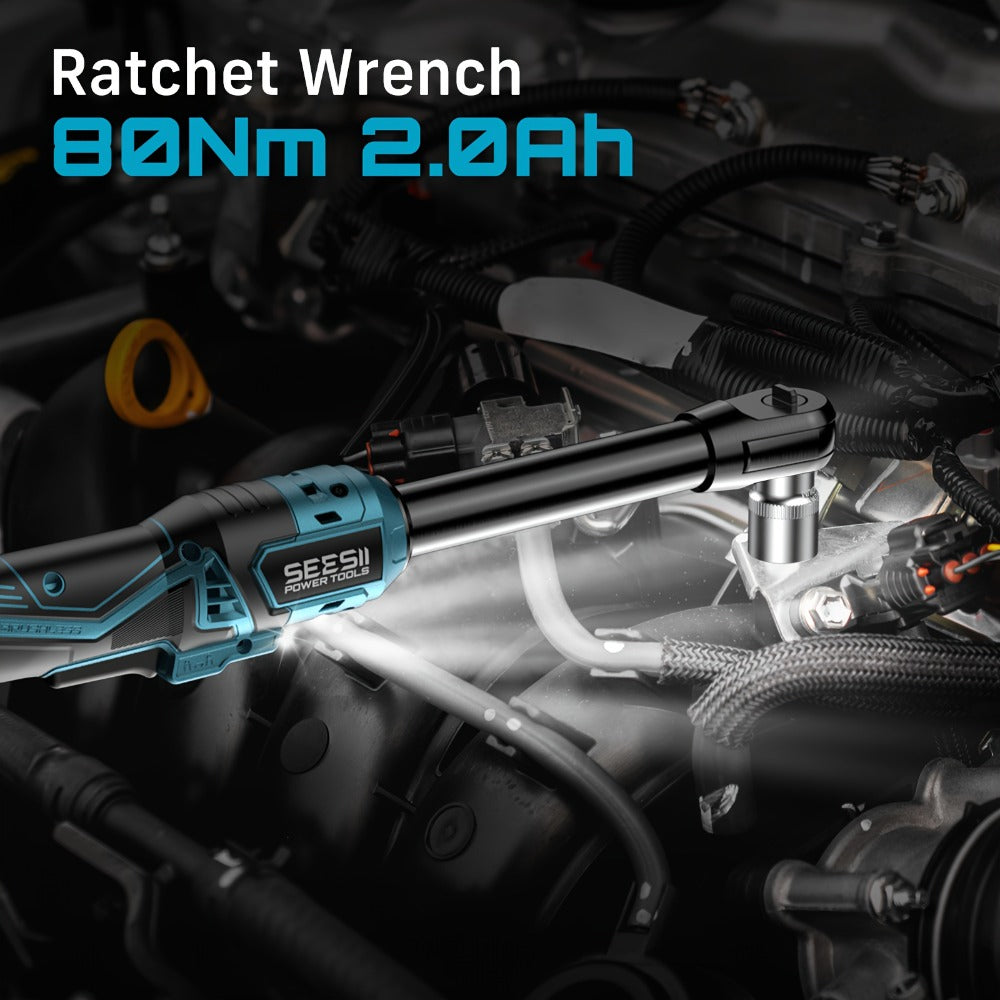 21V Power Ratchet Wrench Set 3/8'' Drive, 59 Ft-lbs 400 RPM Cordless Electric Ratchet, Variable Speed Trigger, 2x 2.0Ah Batteries & Charger, 8 Sockets, 3'' Extension Bar, 1/4'' & 1/2'' Adapter Included
