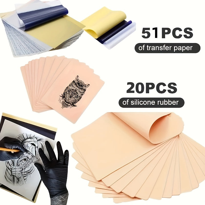 Tattoo Practice Skin Kit ¨C Double-Sided Silicone Training Skin with Transfer Papers for Microneedling, Eyebrow & Lip Tattoo ¨C Soft & Durable Beginner Set (34pcs or 71pcs)