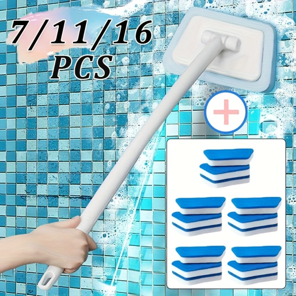 Shower Cleaning Brush Set Replaceable Heads ¨C Bathtub Scrubber, Wall Tile Brush, Window Glass Cleaner & Floor Brush, Detachable Extendable Handle Bathroom Deep Cleaning Kit (7/11/16 PCS)