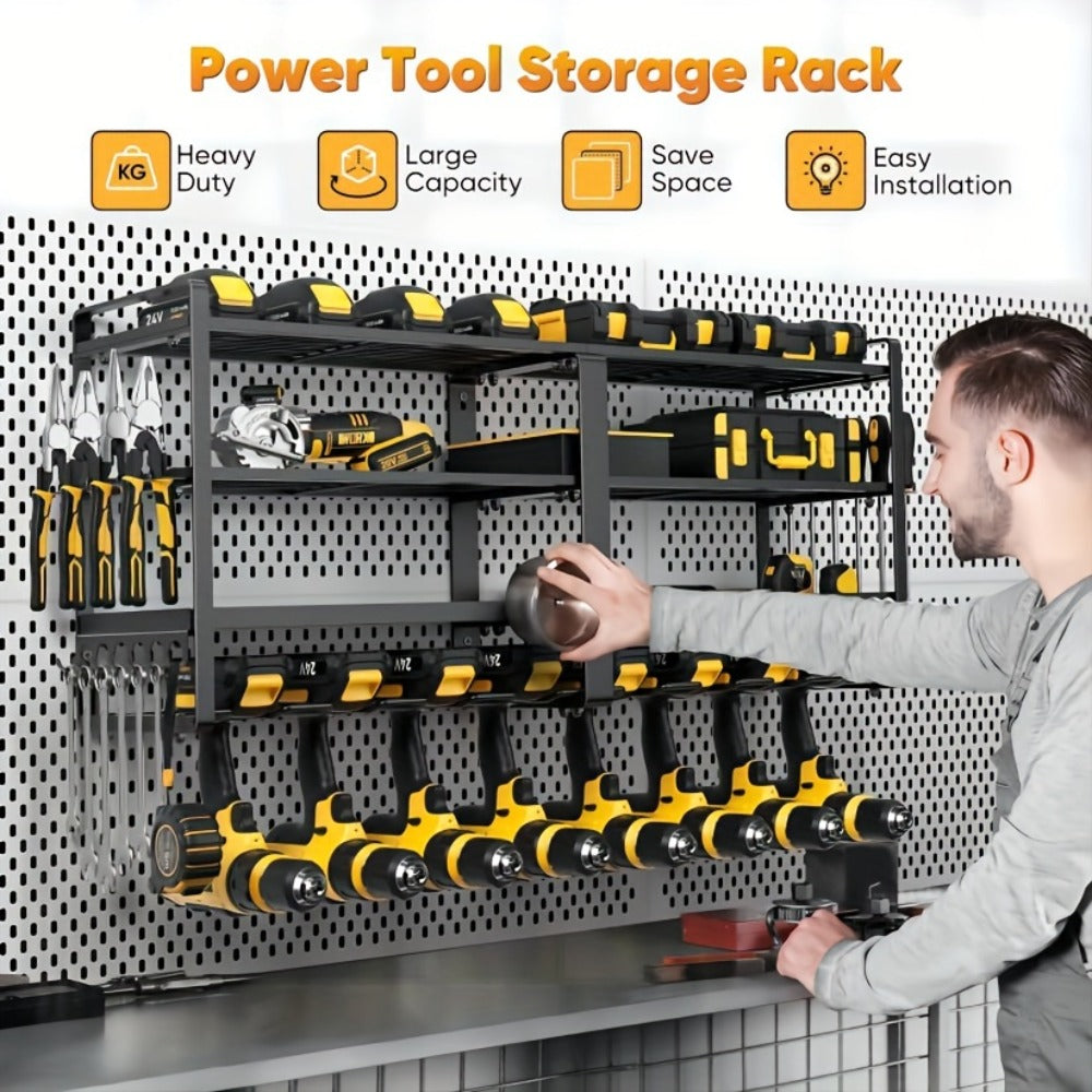Wall Mounted Power Tool Organizer Rack ¨C Heavy Duty Metal Drill Holder with 2/3/4 Layer Floating Shelf | Garage Tool Storage for Cordless Drills, Screwdrivers & Power Tools | No Electricity Needed