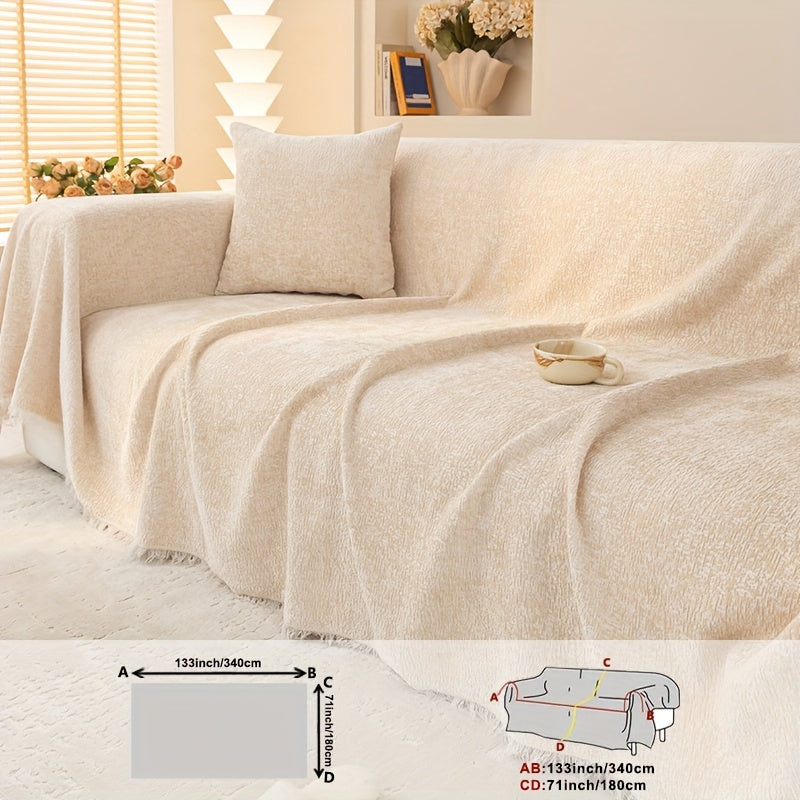 Chenille Sofa Cover with Fringe 300GSM - Super Soft Pet Friendly Solid Couch Slipcover for Single 2 4 Seater Living Room Decoration, 4 Colors