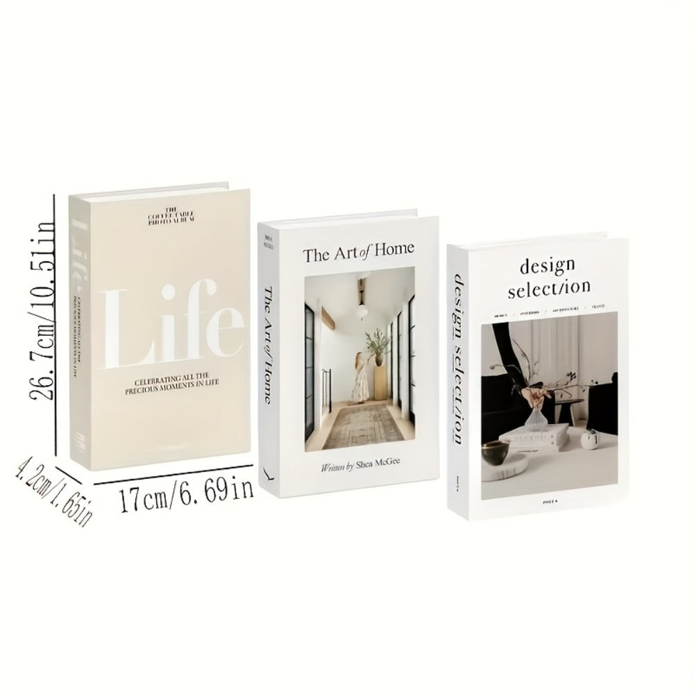 Decorative Books Set of 3 for Home Decor, Faux Coffee Table Books with Gold Text ¨C Life, The Art of Home & Design Choices, Minimalist Shelf Decor, Photo Props, Stylish Bookshelf Accent