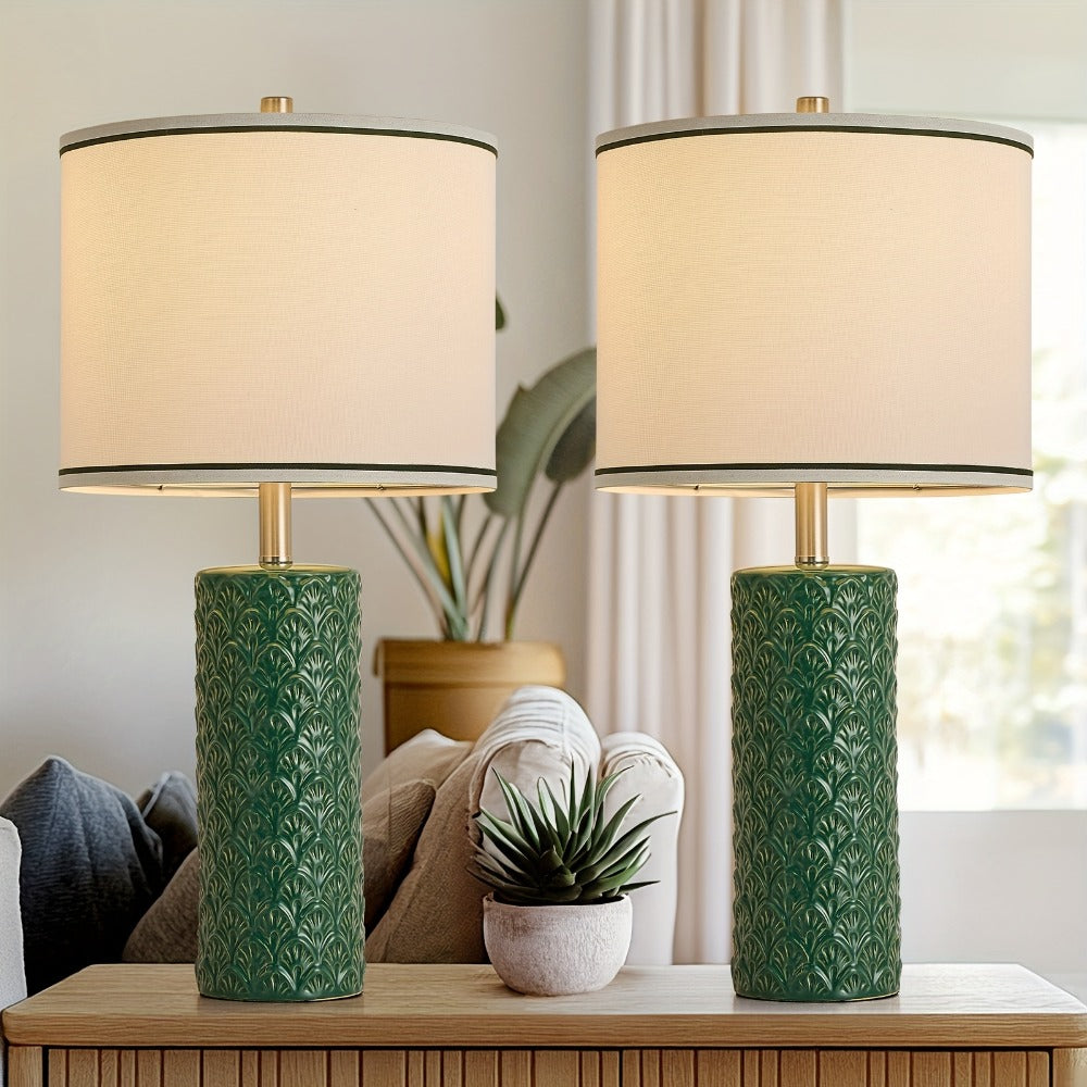 Ceramic Table Lamp ¨C Modern Farmhouse Bedside Lamp with Drum Shade, 3 Color Temperature, Knob Switch, 9W LED Bulb Included, Rustic Nightstand Desk Light for Bedroom Living Room Office Dorm (Multiple Colors)