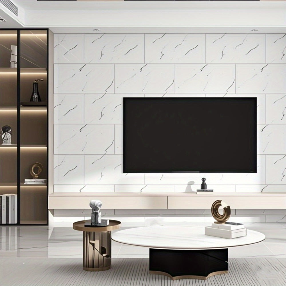 Marble Peel and Stick Wall Panels Self-Adhesive 3D Decorative Tiles - Glossy Marble Sheets for Bathroom Kitchen Living Room - Removable Vinyl Planks White Grey Black Imitation Stone DIY Home Decor