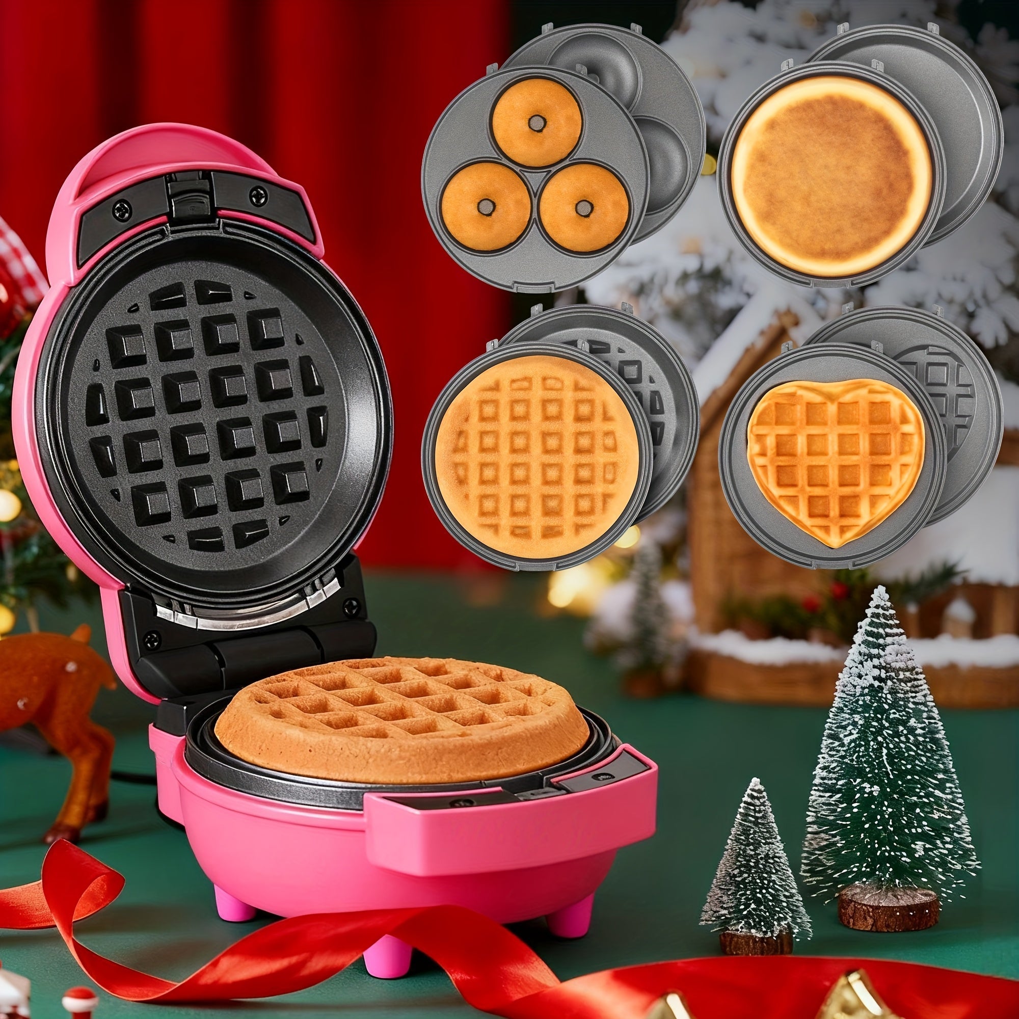 Mini Waffle Maker 4-in-1 with Removable Plates ¨C Waffle, Pancake, Donut & Heart Shape, Non-Stick, Easy Clean, Recipe Included, Compact Breakfast Maker for Home