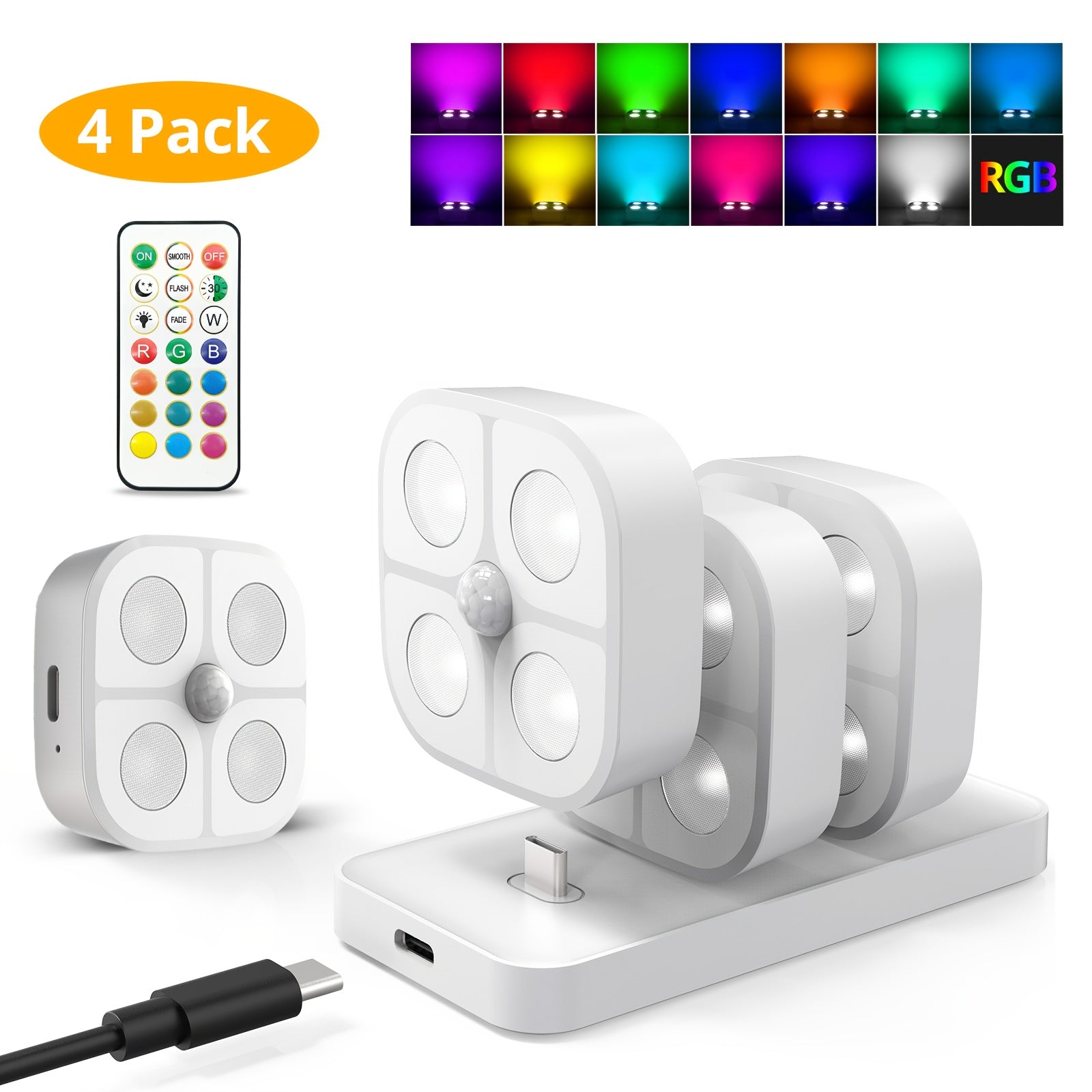 Puck Lights Rechargeable RGB with Charging Station - Motion Sensor Under Cabinet Lighting, Wireless LED Closet Lights with Remote Control, Color Changing Night Light for Hallway Stairway Bathroom Bedroom Kitchen, 3/4/6 Pack