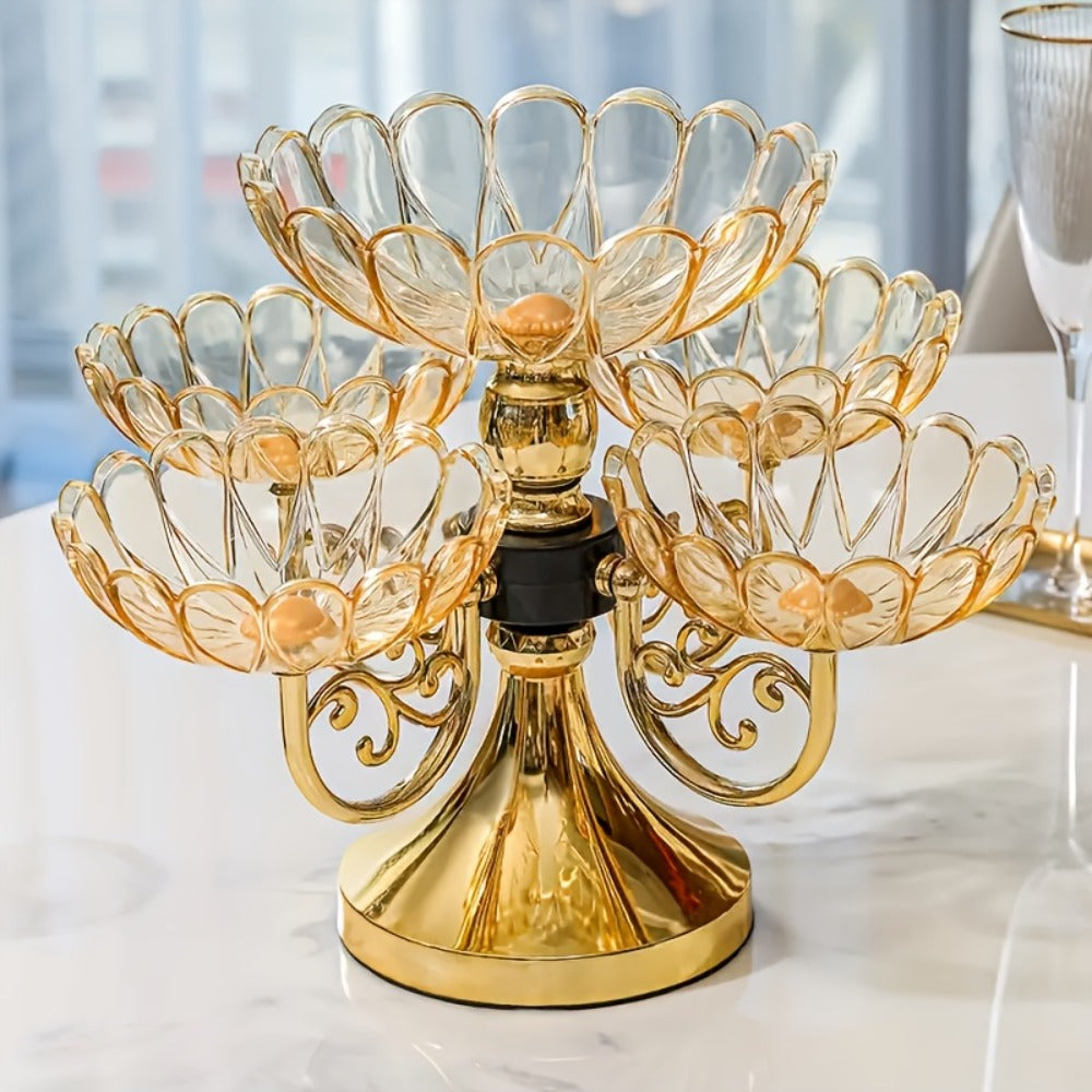 Crystal Rotating Fruit Plate Set 5-Tier ¨C Luxury Round Multi-Layer Snack Candy Dish Bowl for Living Room Coffee Table Home Decor European Style Elegant Dessert Display Centerpiece Gift