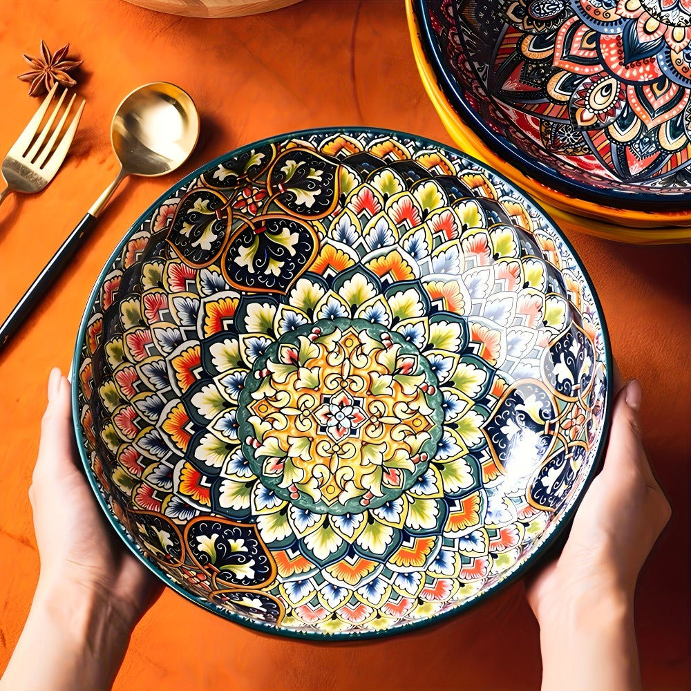 Ceramic Soup Bowl Set 2pcs Bohemian Floral Hand-Painted 25.8cm Microwave Safe Vintage Tableware for Cooking Dining Gift