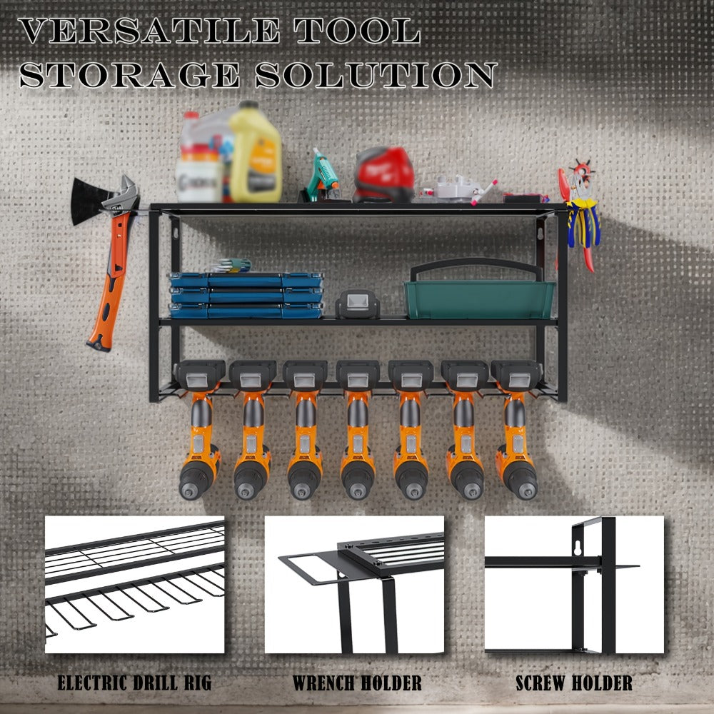 Wall Mount Power Tool Storage Rack, Heavy-Duty 150 Lb Steel 3-Tier & 4-Tier Garage Tool Organizer with 7 Bit Holders ¨C Workshop Shed Basement Wall Storage