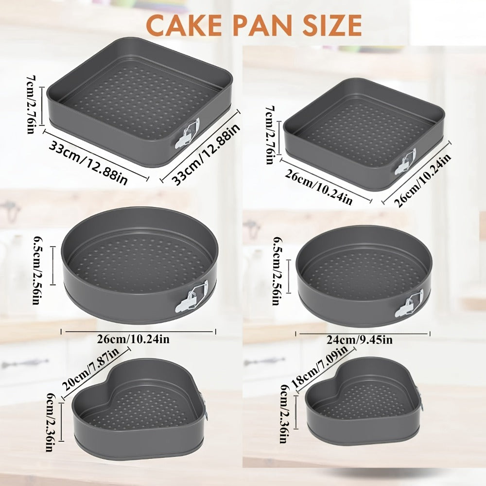 Springform Cake Pan Set 6pcs 7 8 9 10 11 Inch Heart Round Square Nonstick Leakproof Removable Bottom Carbon Steel Bakeware for Cheesecake Mousse Honeycomb Birthday Wedding Cake