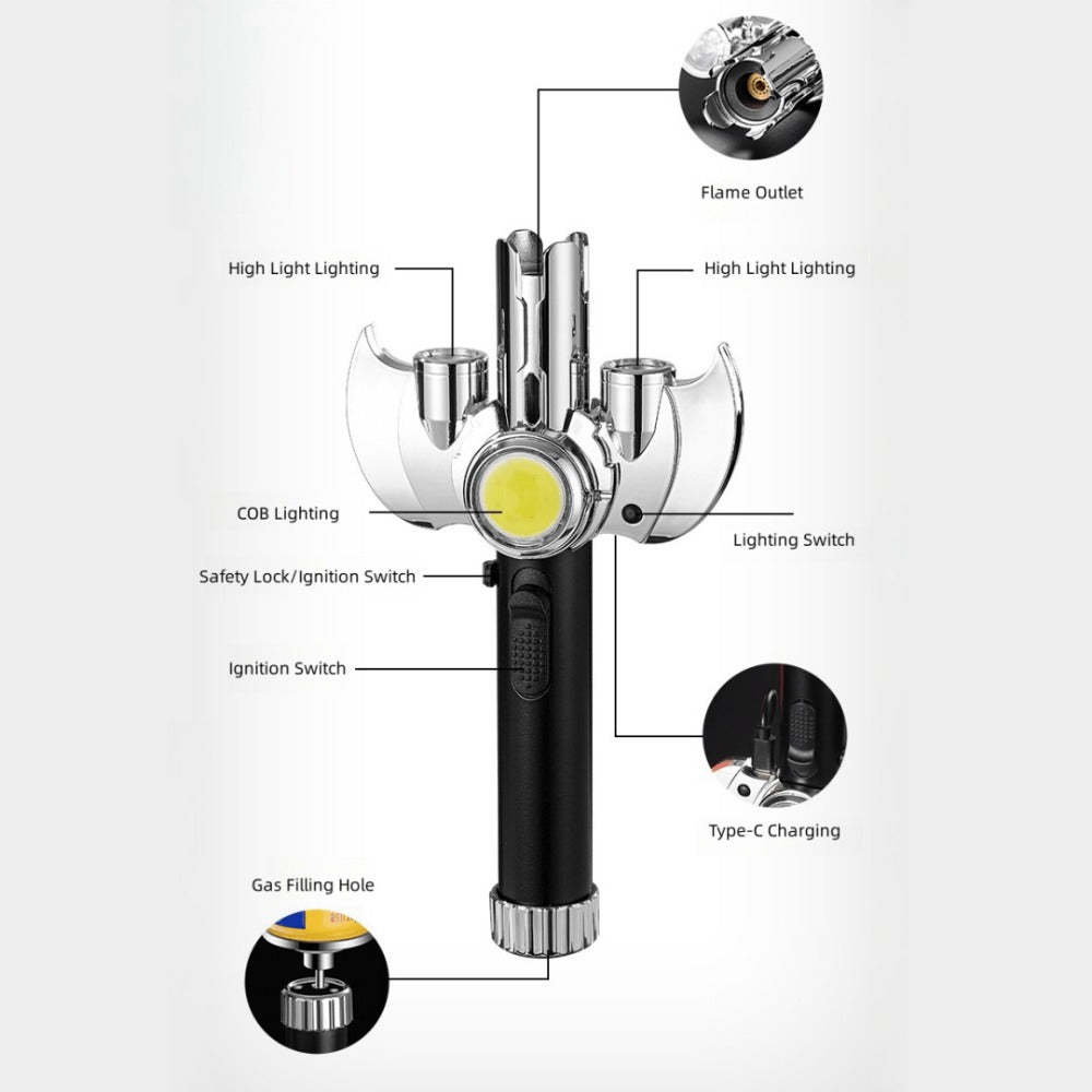 Torch Lighter Metal Jet Flame, Large Windproof Butane Torch with COB Light, High-Power Refillable Flamethrower for Barbecue, Baking, Camping, Moxibustion & Outdoor Use ¨C Black & Silver (Butane Not Included)