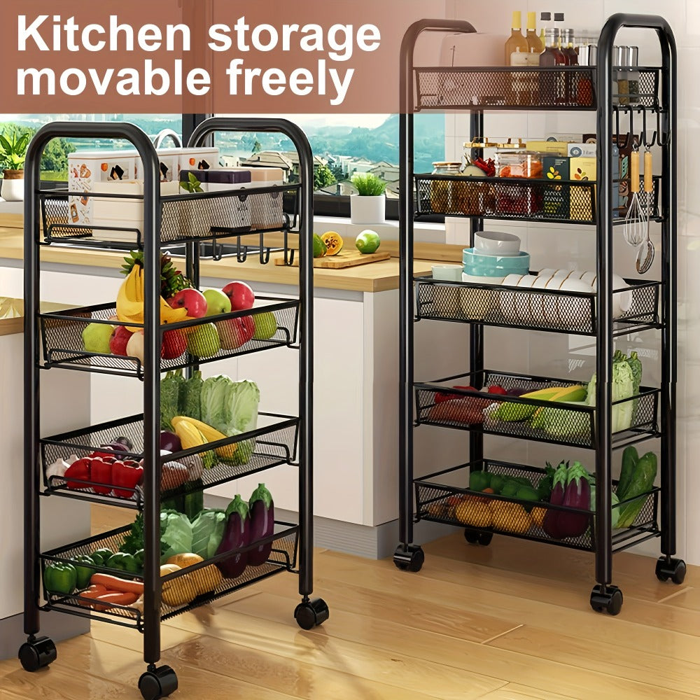Rolling Storage Cart on Wheels ¨C 3/4/5 Tier Carbon Steel Wire Basket Trolley, Black Metal Utility Cart for Kitchen, Bathroom, Bedroom, Office & Living Room, Space-Saving Detachable Shelving Unit