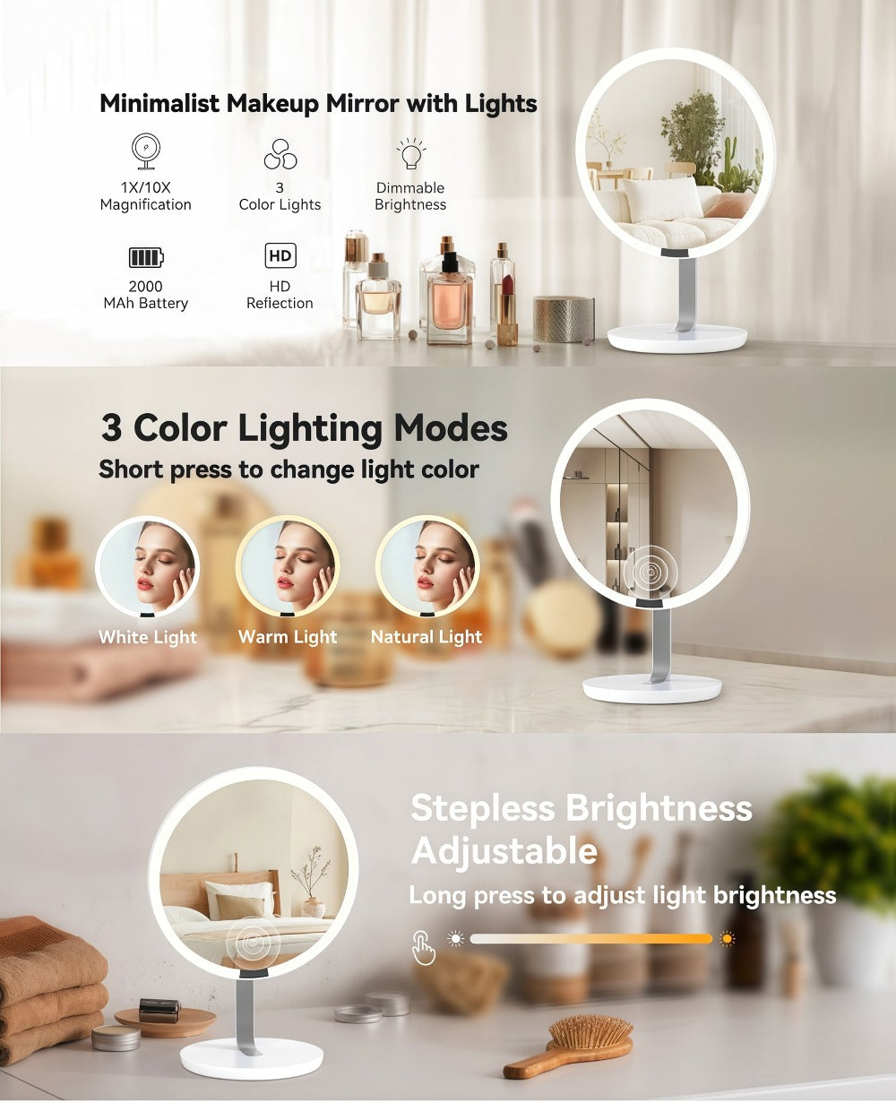LED Makeup Mirror with Lights & 10X Magnification - Touch Dimming Desktop Vanity Mirror, Adjustable Brightness, Portable Handheld Design for Bathroom, Bedroom & Office, Ideal Gift for Women
