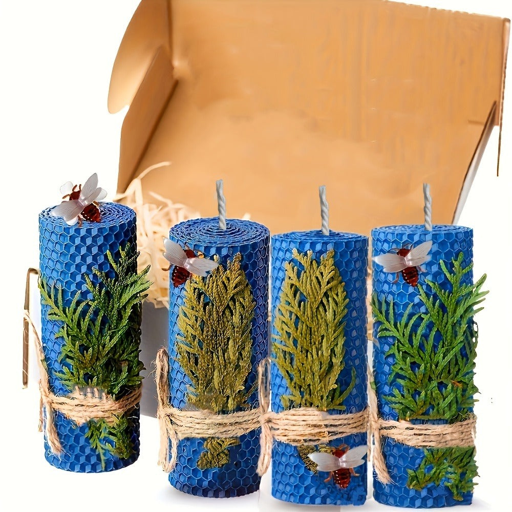 Beeswax Pillar Candles Hand Rolled with Honeycomb Texture ¨C 100% Pure Beeswax, 12+ Hour Burn, Gift Box Set for Home Decor, Christmas, Dinner & Holiday Decorations