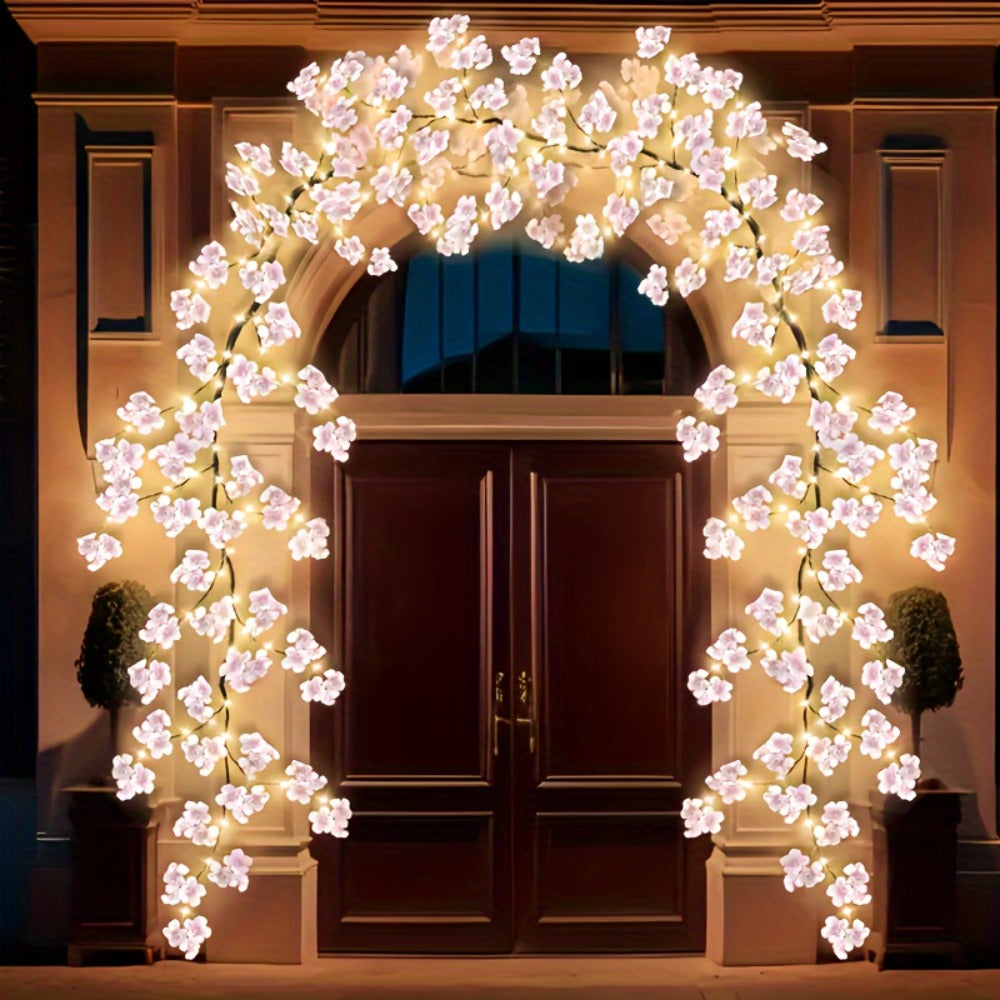 LED Cherry Blossom Chandelier Rattan String Lights USB 8 Modes Indoor Outdoor Holiday Decoration