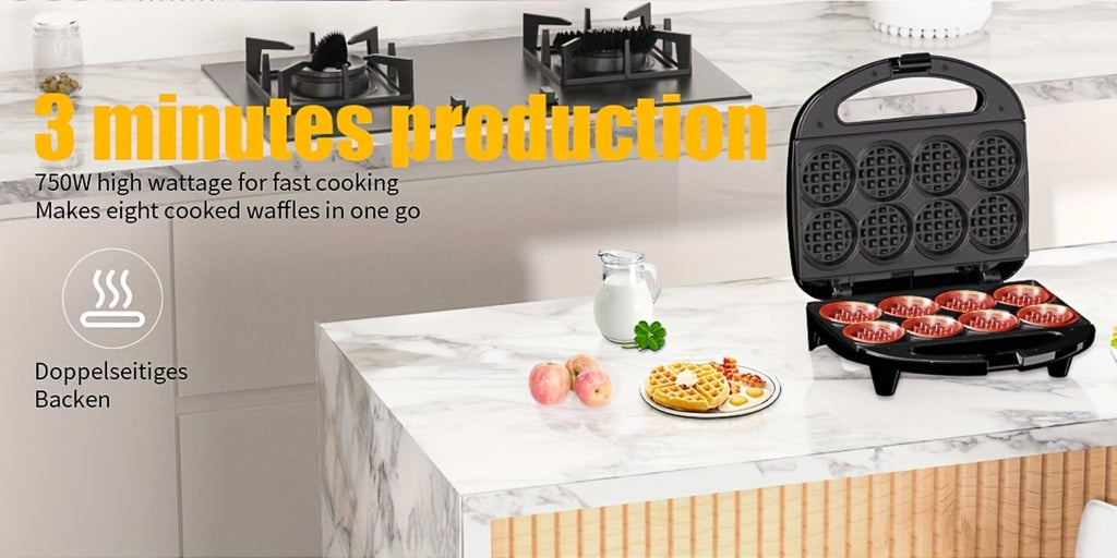 Mini Waffle Maker Machine Makes 8 Bite-Sized 2-Inch Waffles, Dual Non-Stick Aluminum Plates, Cool-Touch Handle, Compact Space-Saving Design for Family Breakfast, Snacks & Desserts