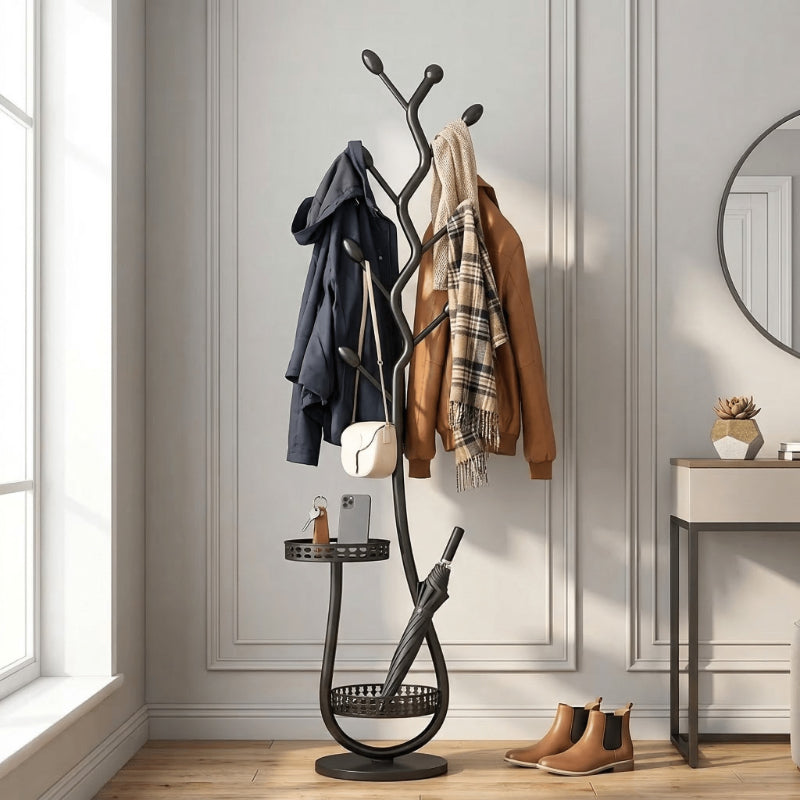 Clothing Rack with Shelf Freestanding Metal Garment Rack - Standalone Vertical Clothes Organizer with Coat Hat Hooks, Easy Mobility Wheels, Home Bedroom Closet Storage for Coats Scarves Hats