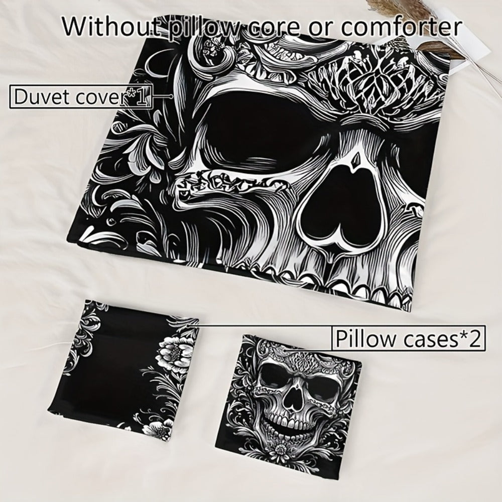 Skull Duvet Cover Set 3pcs ¨C Gothic Victorian Baroque Black & White Skull Bedding with 2 Pillowcases, Digital Print Halloween Bedroom Decor (Twin, Full, Queen, King ¨C No Insert)