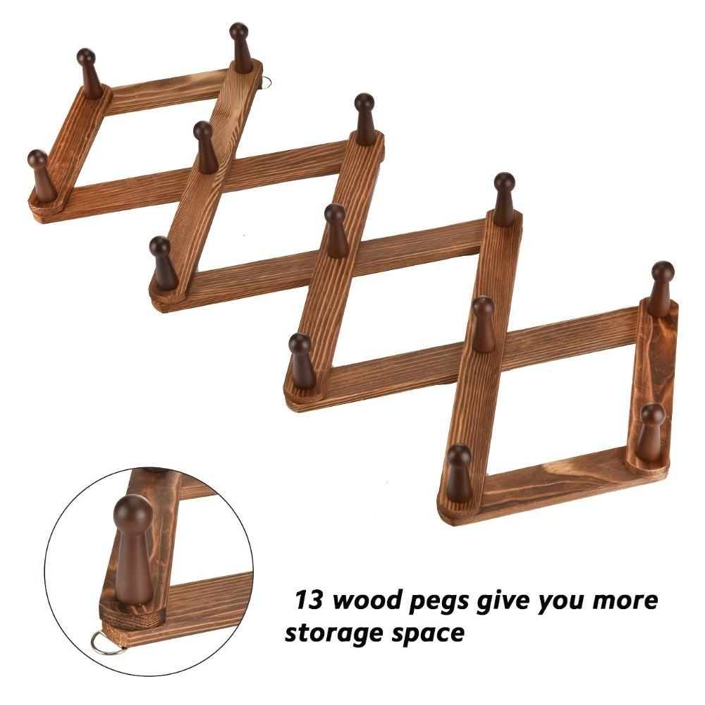 Wall Hat Rack Expandable Wood Accordion Hanger - 13 Hooks for Baseball Caps Coats Scarves Jewelry, Vintage Entryway Hallway Organizer