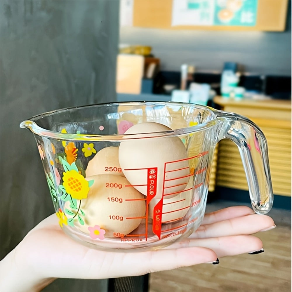Glass Measuring Cup Floral Pattern Transparent Microwave Oven Freezer Safe 13.56 oz 16.91 oz Heat Resistant Borosilicate Glass Kitchen Baking Liquid Measuring Cup