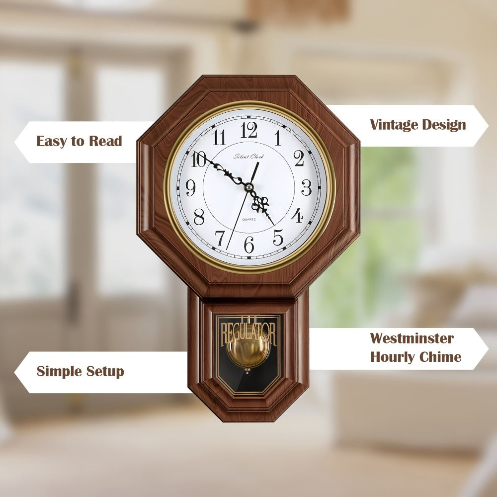 Pendulum Wall Clock with Hourly Striking Bell Sweeping Second Hand Vintage Traditional School Clock Adjustable Tuning Battery Operated Home Office Decor Mahogany Black