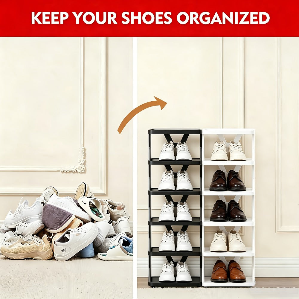 Shoe Rack Organizer 6 or 9 Tier - Space Saving Folding Shoe Rack for Hallway Doorway Bedroom Dorm, Narrow Entryway Shoe Storage, Black or White
