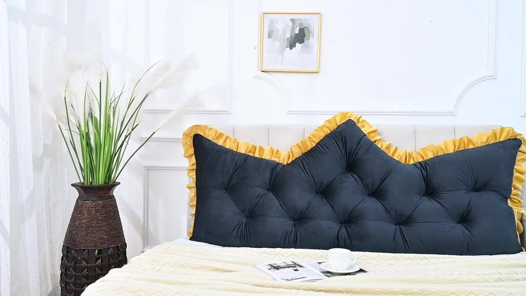 Tufted Backrest Cushion Large Vintage Ruffle Trim Sofa Bed Pillow Filled Lumbar Support Cushion Hand Washable Home Decor Pearl Gray Mica Gray Pearl White Emerald Green