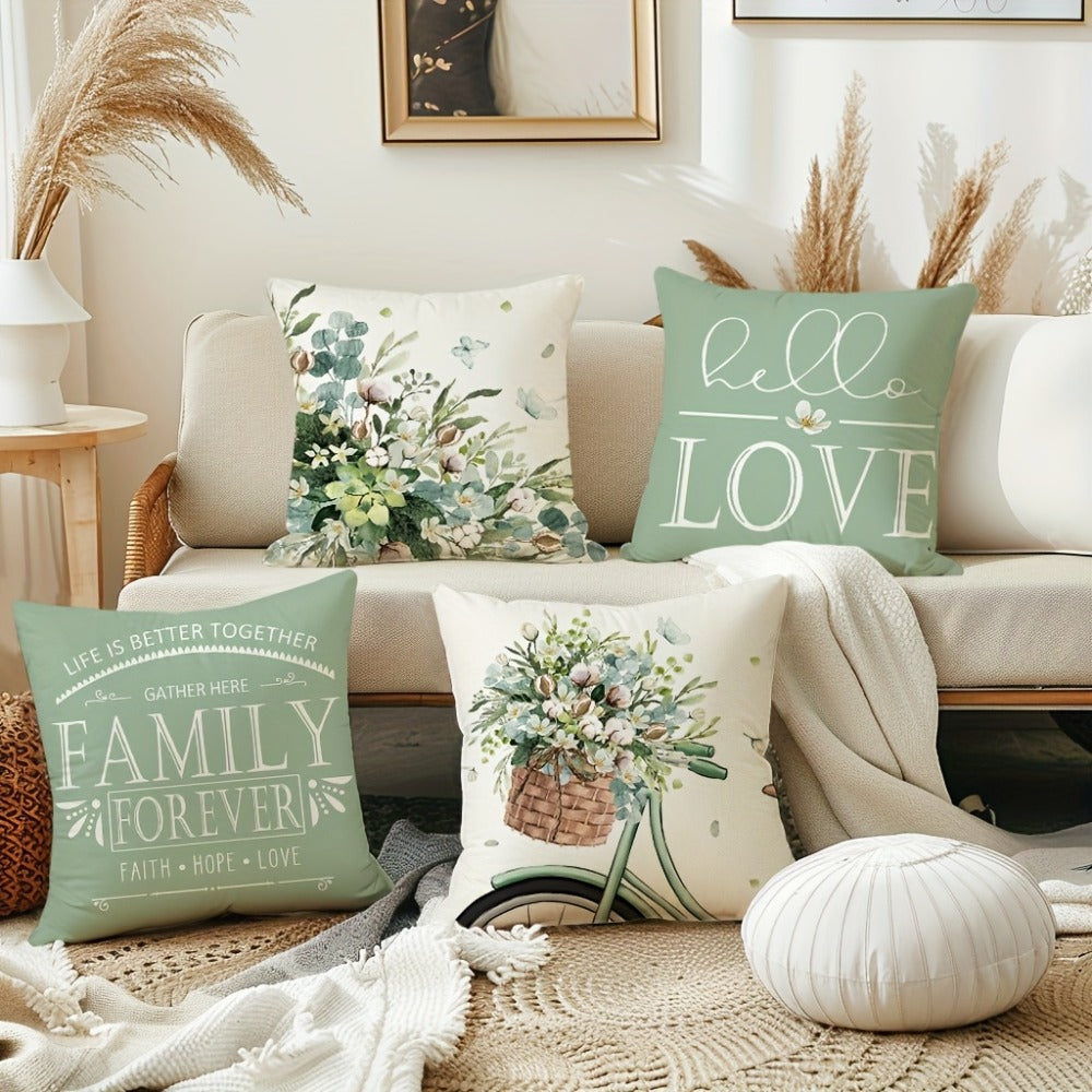 Farmhouse Eucalyptus Leaves Throw Pillow Covers 4 Pack Floral Bicycle Spring Summer Seasonal Decor Cushion Covers 18x18 Inch Rustic Holiday Pillowcases for Sofa Couch Porch Patio Living Room Outdoor