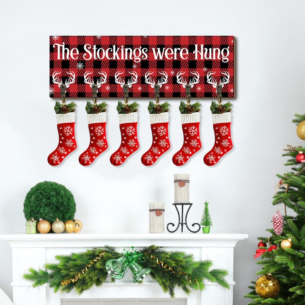 Christmas Stocking Holder with 6 Hooks ¨C Wooden Sign Wall Rack with Snowflake Design & ¡±The Stockings Were Hung¡± Quote, Santa Claus Mantel Hanger for Holiday Fireplace Decor