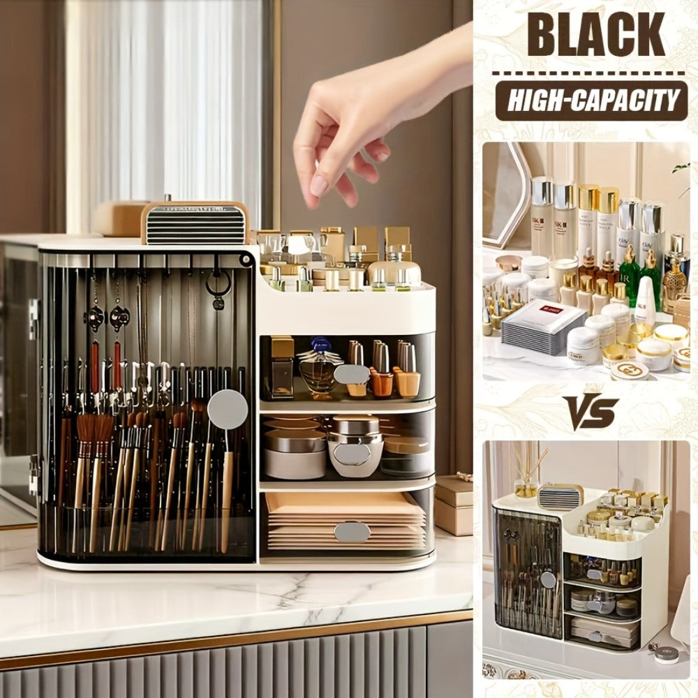 Makeup Organizer with 3 Drawers and Mirror - Large Capacity Cosmetic Storage Box Vanity Organizer for Skincare Contact Lens Display Case Bathroom Counter Organizer | Transparent Black Cream White