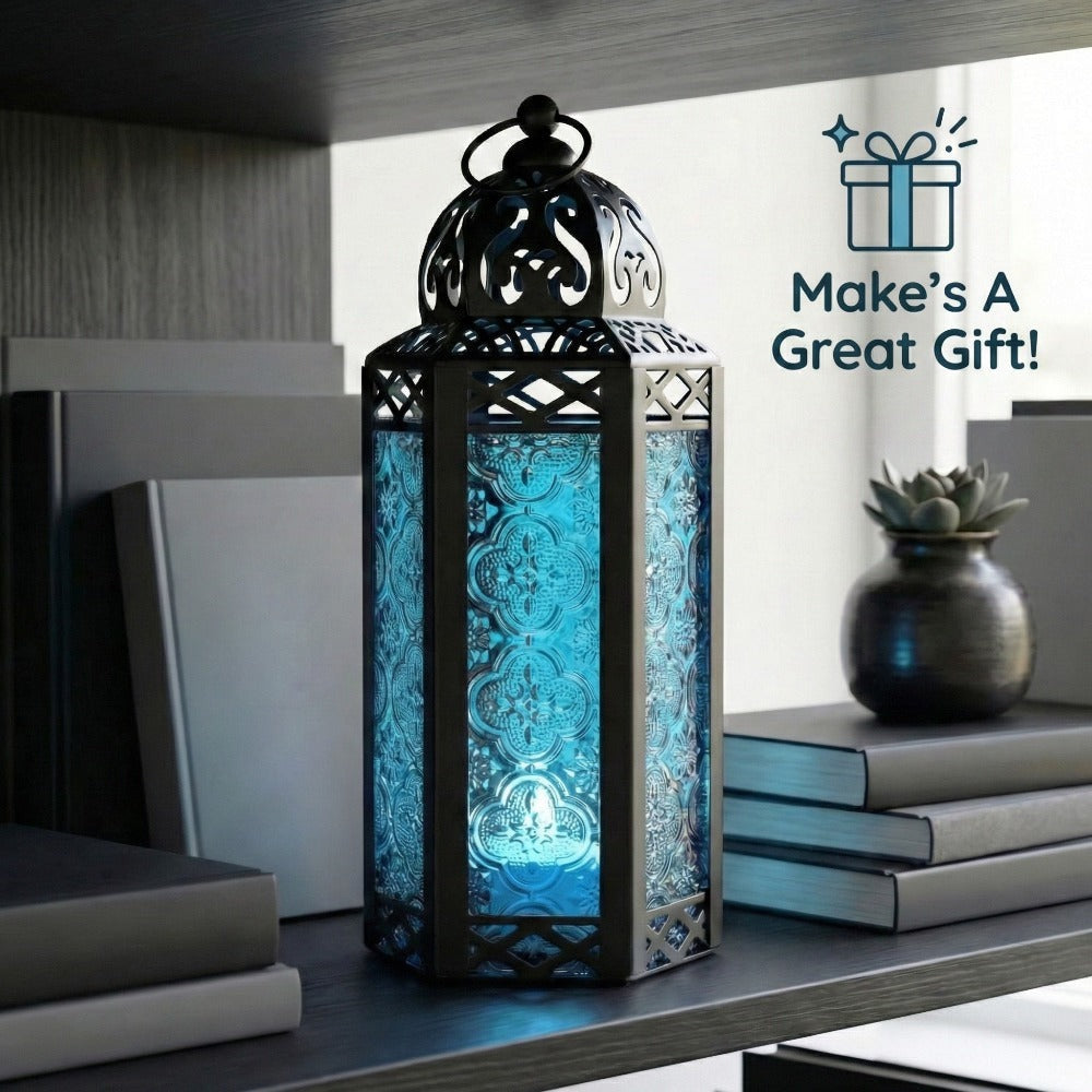 Moroccan Candle Lantern Holder - Decorative Metal & Glass Lantern with Embossed Floral Design for Indoor Home Decor, Garden, Patio, Weddings, Ramadan, Halloween & Holiday Celebrations - 10.5¡± Tall Medium Size