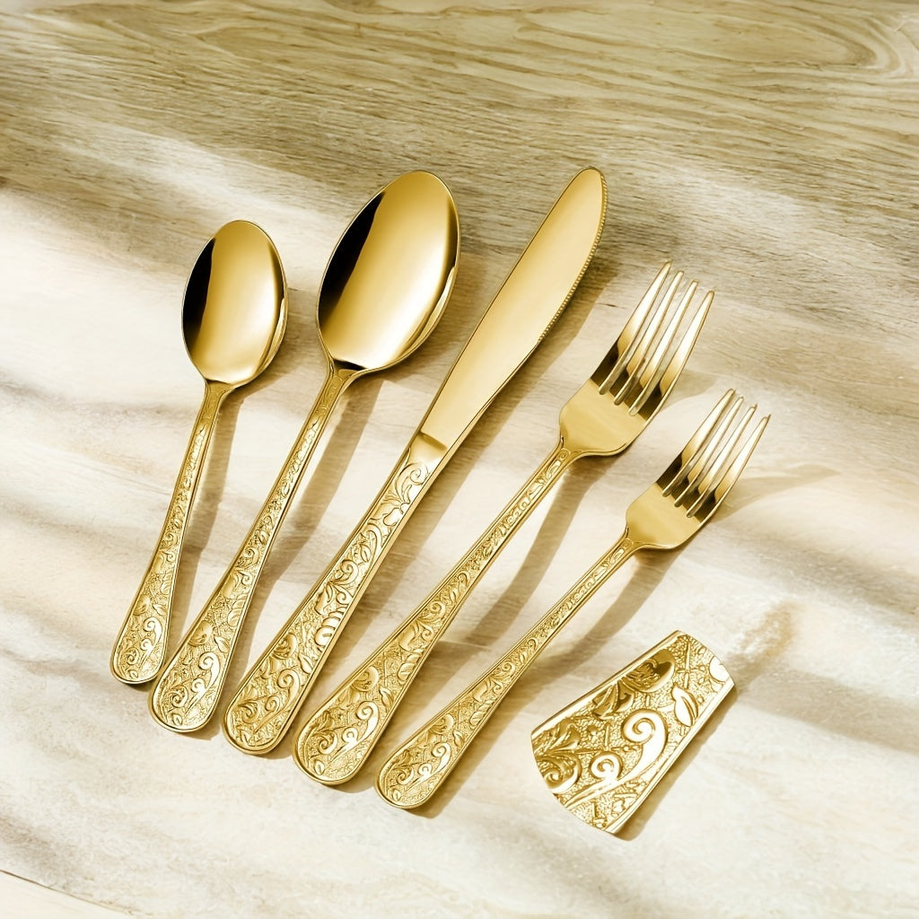 Flatware Set Stainless Steel Vintage Carved Cutlery Set Knife Fork Spoon Dishwasher Safe for Family Gatherings Holiday Parties Kitchen Decor