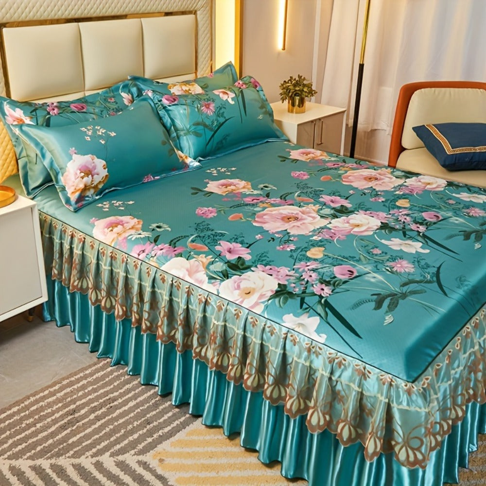 Floral Ruffle Bed Skirt Cool Mat 3 Piece Set with Pillowcase, Double Layer 360¡ã Full Wrap Washable Cooling Mattress Cover, Breathable Summer Bedding Set for Twin Full Queen King, Parisian Romantic Floral