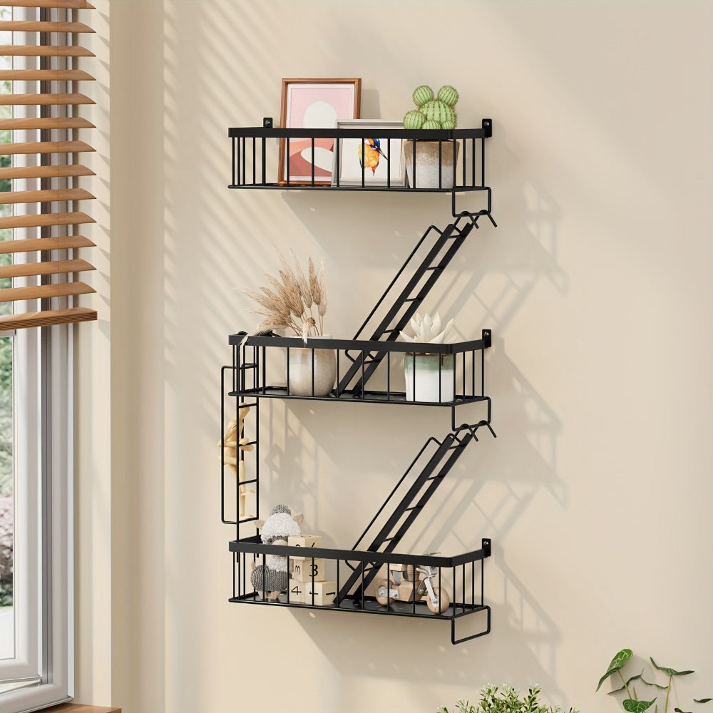 Floating Wall Shelf 3 Tier Black Metal Ladder Shelf - Fire Escape Decorative Wall Shelves for Bedroom, Bathroom, Home Office Storage and Display, Room Decor, Wall Art Shelf