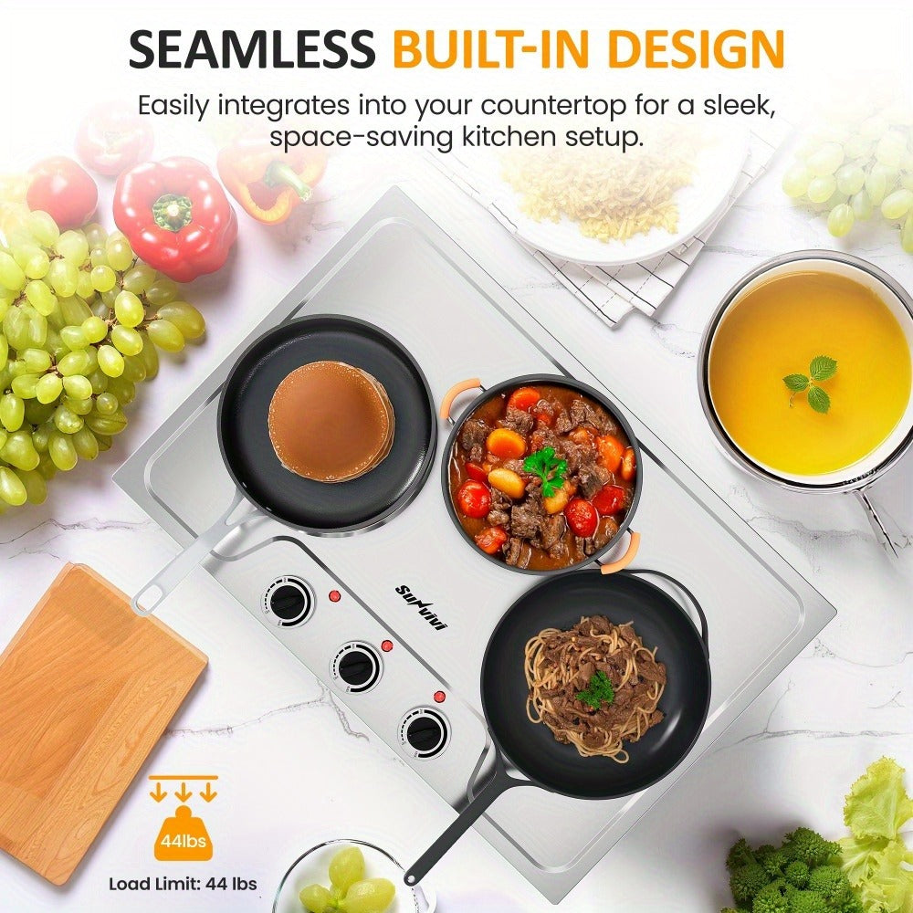Portable Electric Cooktop Triple Burner 1800W ¨C Royalcraft Countertop Electric Stove with Knob Control, Indicator Light, Compatible with All Cookware, Silver